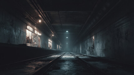 Abandoned subway station with dark tunnels