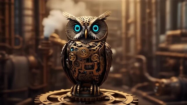 Dynamic Steampunk Owl Automaton: Intricate Mechanical Details, Glowing Eyes, Industrial Factory