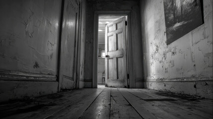 Obraz premium Black and White Abandoned Room with Open Door