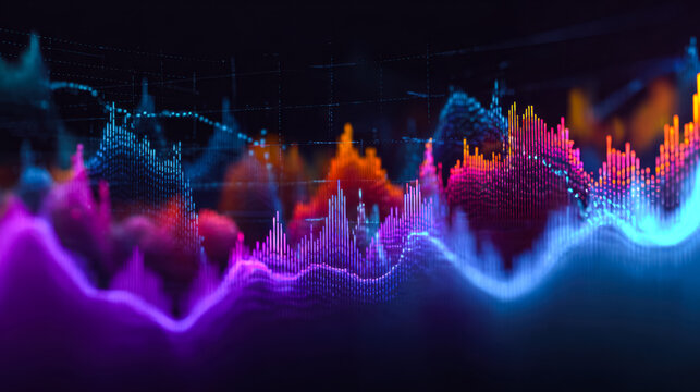 Vibrant digital data visualization with colorful fluctuating graphs and waves