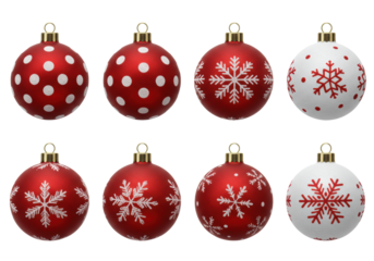 Eight assorted red and white spherical Christmas ornaments with metallic caps & hanging loops, meticulously arranged on a transparent background, no shadows, standalone, festive holiday decoration