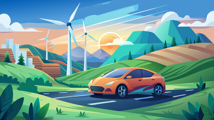 Fototapeta premium Zero Emissions A clean electric car glides past wind turbines and green hills. In semi-realistic style, zero emissions becomes a vision of the future we’re building.