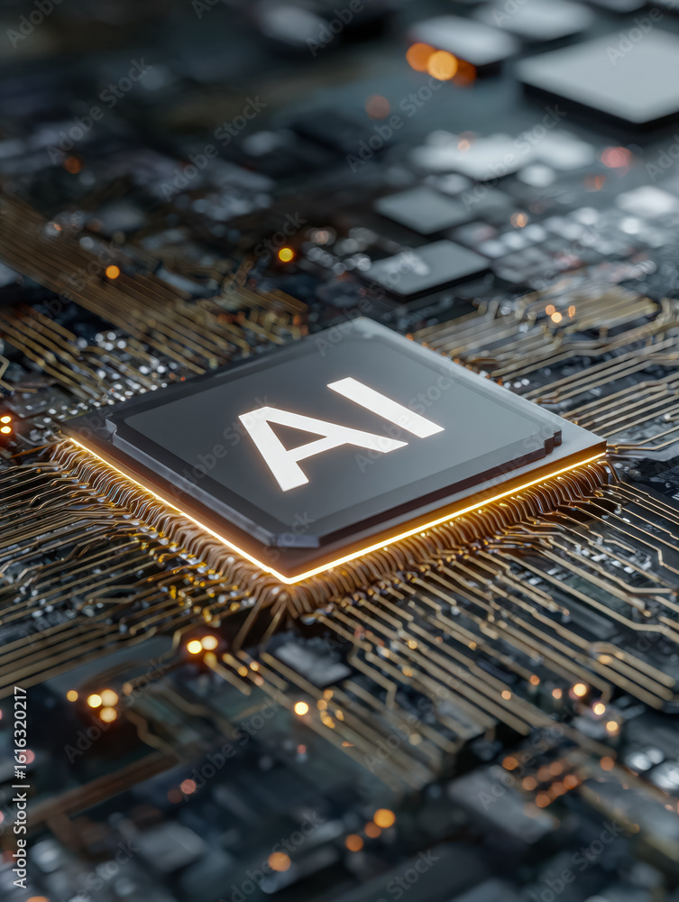 Poster advanced artificial intelligence chip on a circuit board with glowing connections