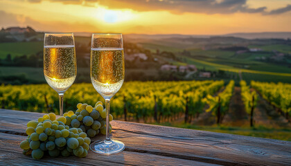 Romantic vineyard sunset with two glasses of sparkling wine and grapes on a rustic wooden table