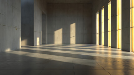 Vast concrete interior with golden light shafts empty sunlight