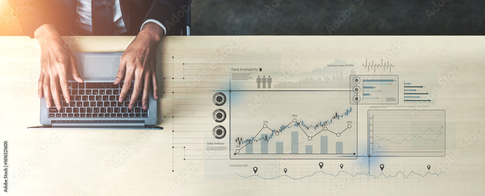 Poster high-tech data visualization dashboard for analytics and performance tracking, including data visual
