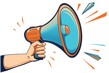 Hand hold shouting megaphone - colorful advertising sign