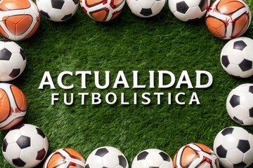 Actualidad futbolística in bold letters with classic footballs on bright background sports media layout for Spanish-speaking audience covering team stories match recaps player stats global football