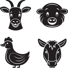 Obraz premium Collection of eight distinct black silhouette farm animals including a cow pig horse sheep chicken duck goose and dog perfect for rustic or agricultural designs