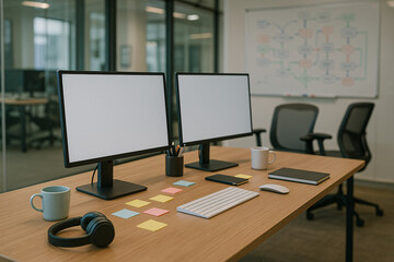 Modern office workspace with dual monitors and creative desk setup
