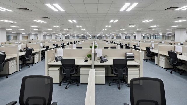 Modern empty office interior with rows of cubicles and ergonomic chairs in corporate workplace environment.