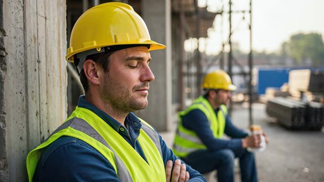 Construction workers resting during break at building site wearing safety gear with copy space.