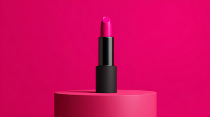 Vivid pink lipstick on a bright pink pedestal makeup beauty
