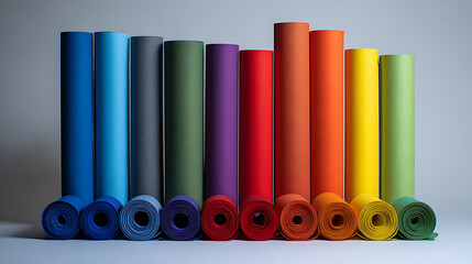Vivid spectrum of rolled paper materials in a linear arrangement craft supplies art materials