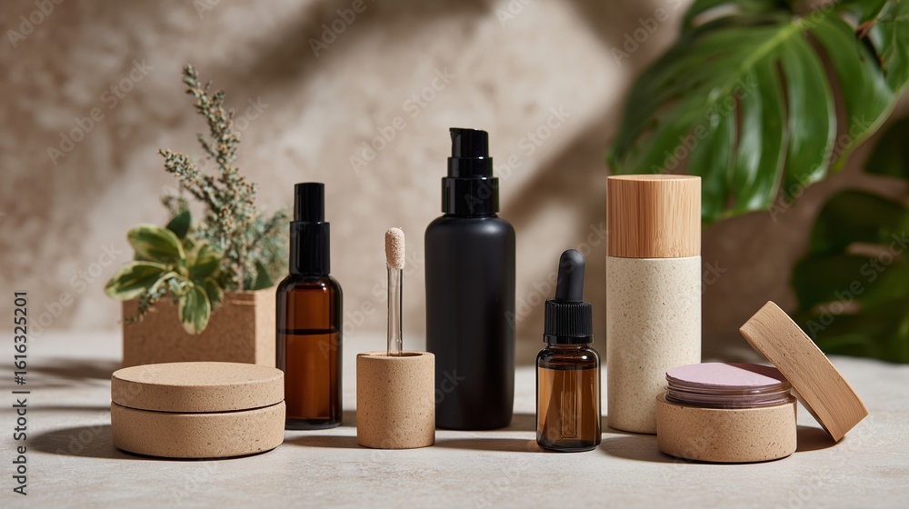 Poster natural skincare setup featuring assorted bottles and jars on a stone surface with greenery in the b
