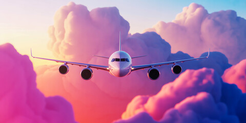 Airplane soaring through vibrant pink and blue clouds at sunset