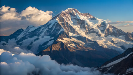 Naklejka premium Majestic snow-capped mountain peak bathed in golden sunlight, dramatic clouds swirling below
