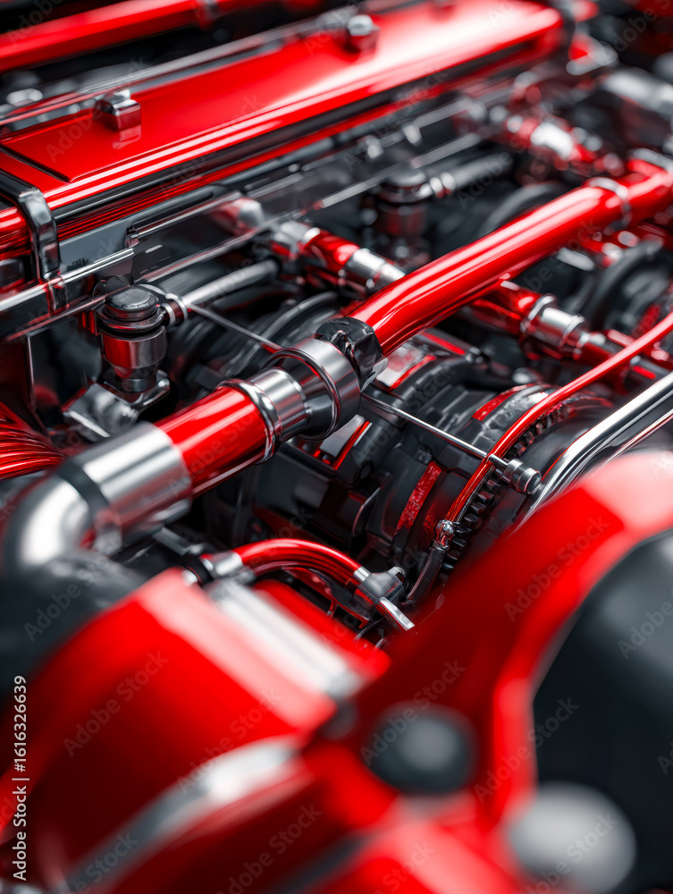 Poster close-up of a high-performance car engine with red and black components and intricate mechanical det