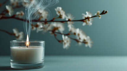 White candle flame with wispy smoke and delicate white blossoms image