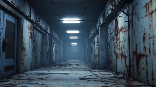 Eerie Abandoned Corridor: Rusty Walls, Dim Lights, and Twisted Wires in a Forgotten Place