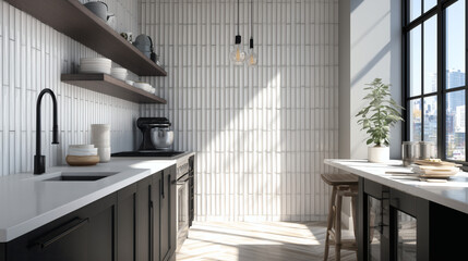 Minimalist kitchen concept with vertical storage, coffee corner setup, and earth-toned finishes — suitable for editorial, blogs, and packaging designs.