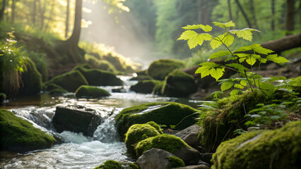 Serene forest stream flowing over mossy rocks with lush green foliage bathed in gentle sunlight