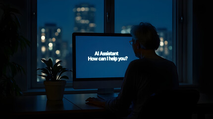 Elderly woman using AI assistant at night in cozy home office, technology support for seniors, artificial intelligence concept, realistic evening atmosphere with city lights in background