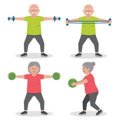 Elderly people doing different exercises with dumbbells, fitness band and exercise balls in a studio