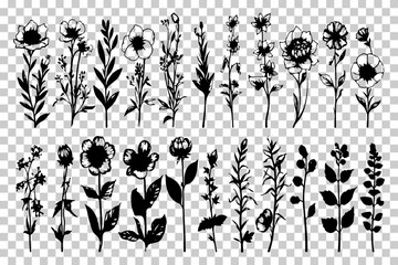 Hand Drawn Floral Vector Bundle. Vintage Botanical Flower Illustrations, Line Art Clipart, Black and White Bloom Designs for Logos, Tattoos, Invitations, and Digital Art Projects
