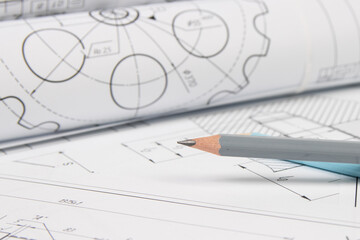 engineering drawings of industrial parts and mechanism