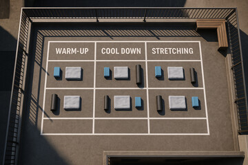 Organized rooftop fitness zone with warm-up, cool down, and stretching areas
