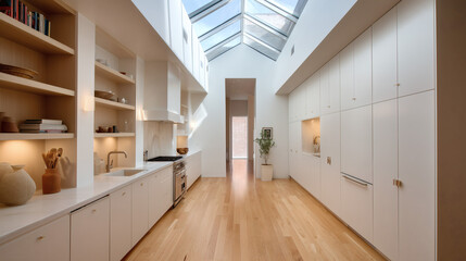 Scandinavian-style open kitchen with wood textures and soft neutral tones — ideal for lifestyle magazines and clean aesthetic branding.