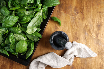 Fresh garden basil herbs and black mortar on wooden table. Top view, copy space