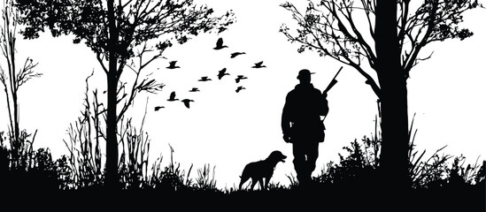Silhouette of hunter with dog walking in forest with flying birds in black and white landscape art