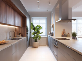 Scandinavian-style open kitchen with wood textures and soft neutral tones — ideal for lifestyle magazines and clean aesthetic branding.
