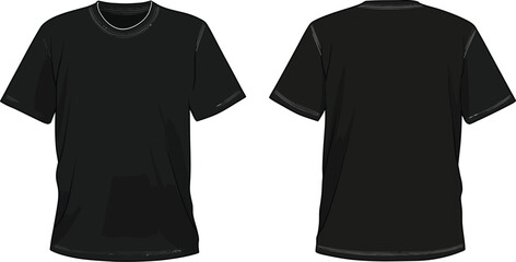 Black t shirt front and back view plain design short sleeves crew neck casual apparel clothing fashion template