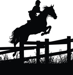 A silhouette of a horse and rider jumping over a fence in a monochromatic illustration design