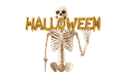 A skeleton holding golden balloon text "Halloween" isolated on transparent background.