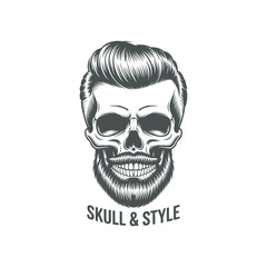 Stylish Skull with Pompadour Hairstyle and Beard Vector Illustration for Barber Shops and Edgy Design Projects with Detailed Line Work