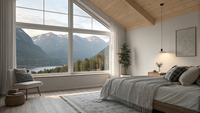 Serene mountain bedroom sanctuary with breathtaking lake and forest views through expansive windows
