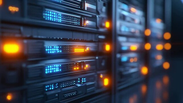 a server room with glowing blue and orange lights in close-up view