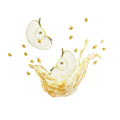 Splashes of fresh apple juice and slices of tasty fruits watercolor illustration isolated. Hand drawn bright botanical clip art for creating juice labels or menu design.