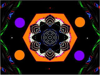 A kaleidoscopic design features a central hexagonal pattern surrounded by vibrant circular shapes in purple and orange. Symmetrical elements and bold colors create a striking geometric abstraction