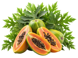 Vibrant ripe papayas halved and whole displayed with lush green tropical leaves against a dark background
