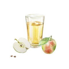 Glass of fresh apple juice, whole tasty fruit with leaf and its half watercolor illustration isolated. Hand drawn bright botanical clip art for creating juice labels or menu design.