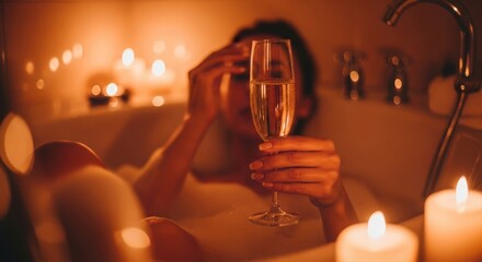 A relaxed woman holding a champagne glass while taking a bubble bath by candlelight. Spa and self-care concept for relaxation.