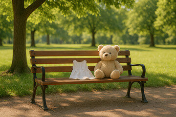 Teddy bear and child’s dress on park bench capturing nostalgia and childhood emotions
