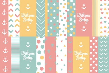 Pastel colored baby shower pattern with anchors dots stripes and welcome baby text in various panels