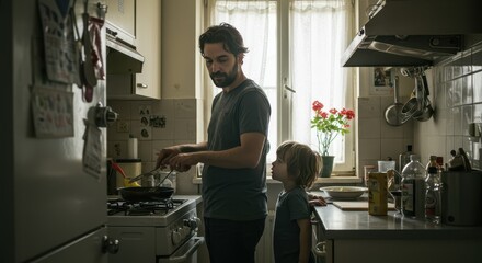 Father and son cooking together in a cozy home kitchen