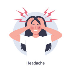 Illustration of a woman with a headache holding her head with red lightning bolts above her head